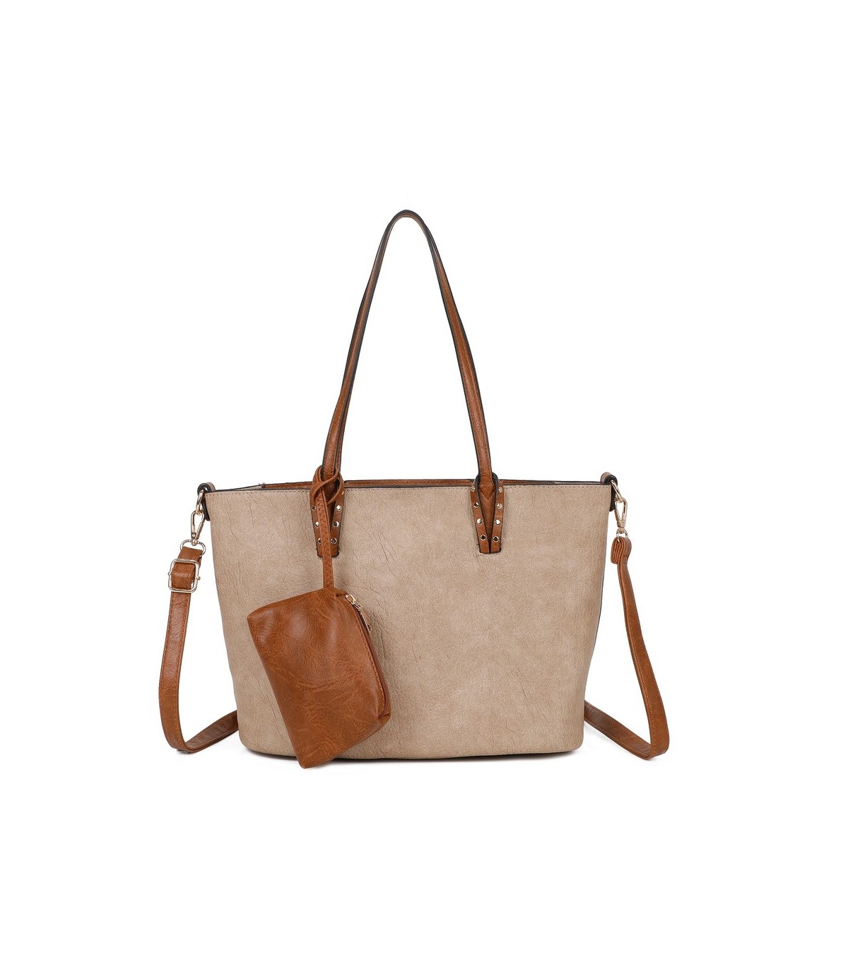 T11736 - Bolso bandolera con monedero marrón asas grandes y bandolera