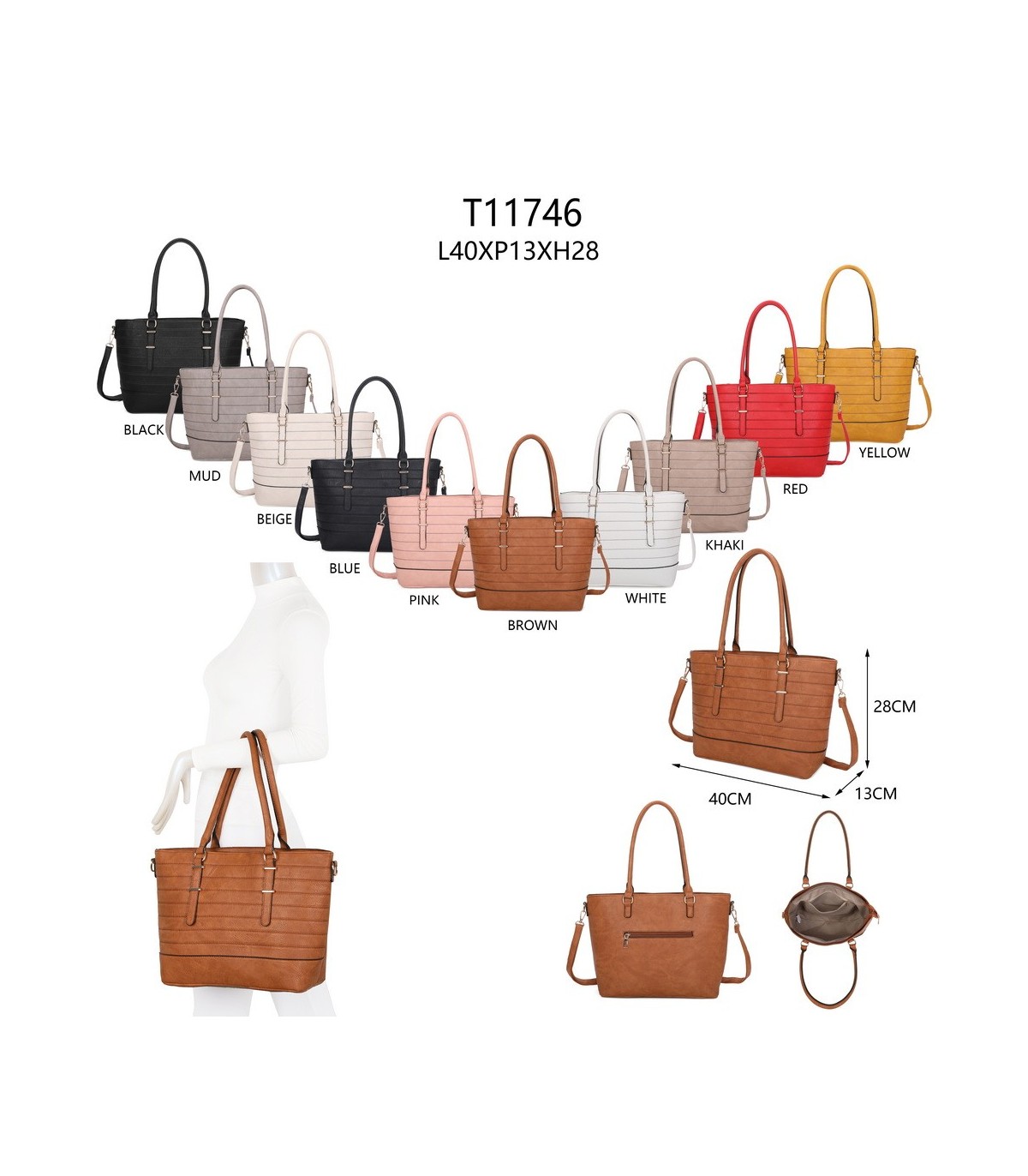 T11746 - Bolso bandolera rectangular para mujer con grandes asas para llevar al hombro