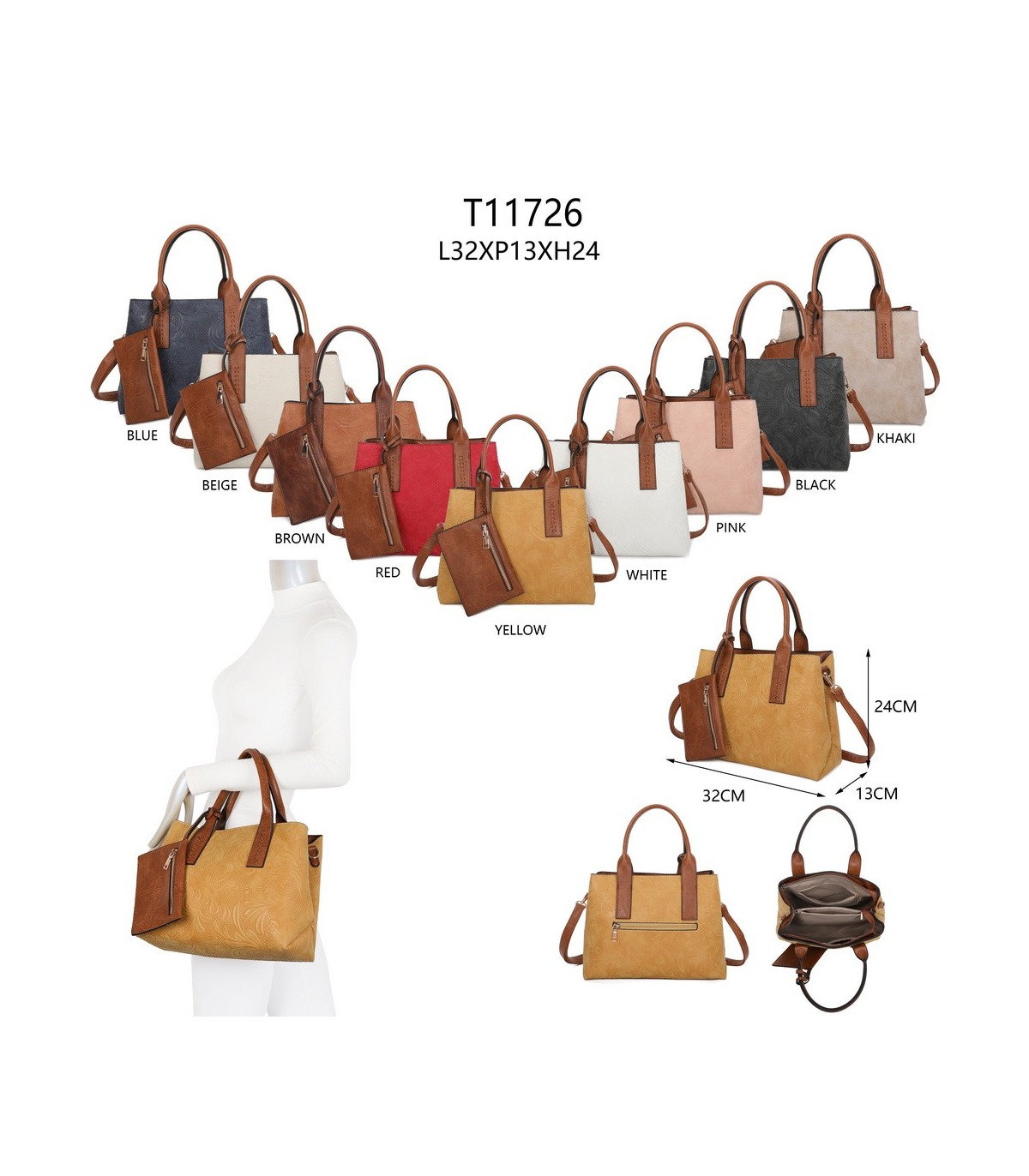T11726 - Bolso de mano con bandolera y monedero marrón quitable