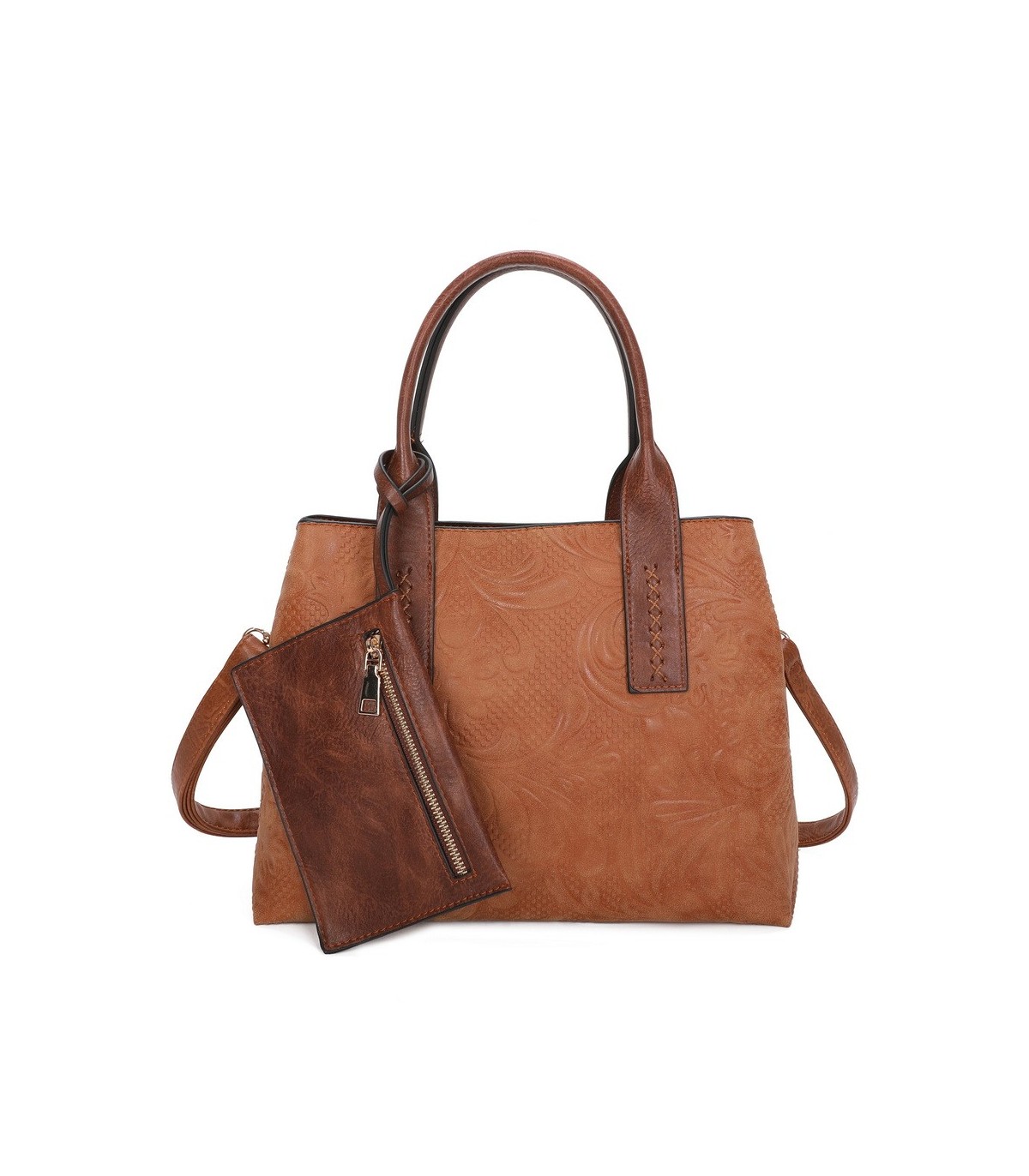 T11726 - Bolso de mano con bandolera y monedero marrón quitable