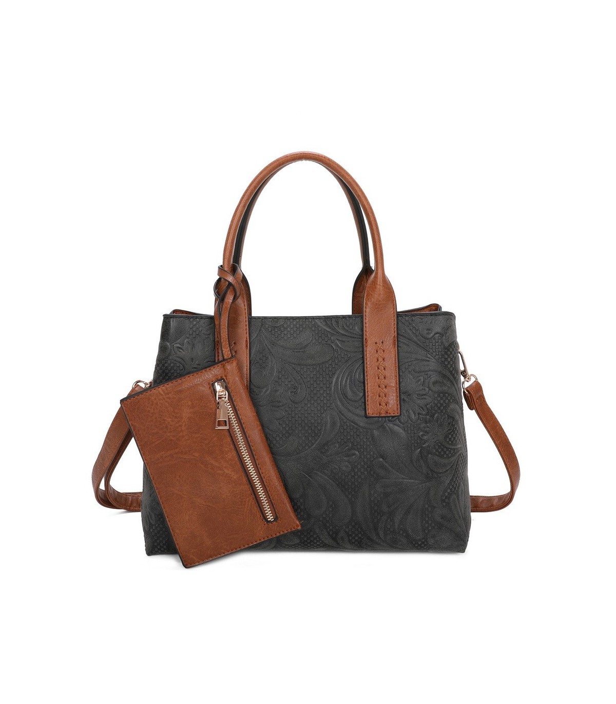 T11726 - Bolso de mano con bandolera y monedero marrón quitable