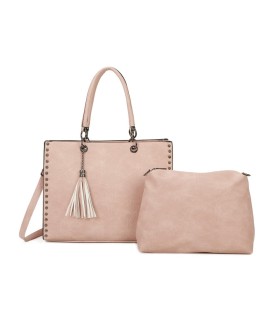 T11701 - Bolso con neceser y borla rectangular con acabados metálicos