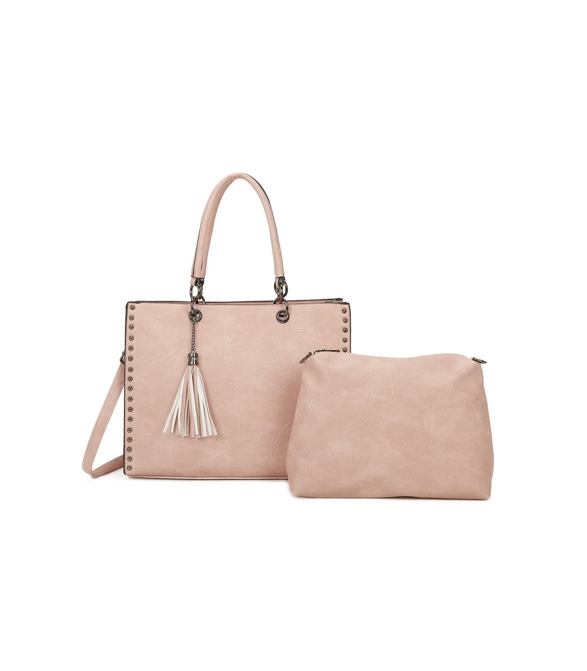 T11701 - Bolso con neceser y borla rectangular con acabados metálicos