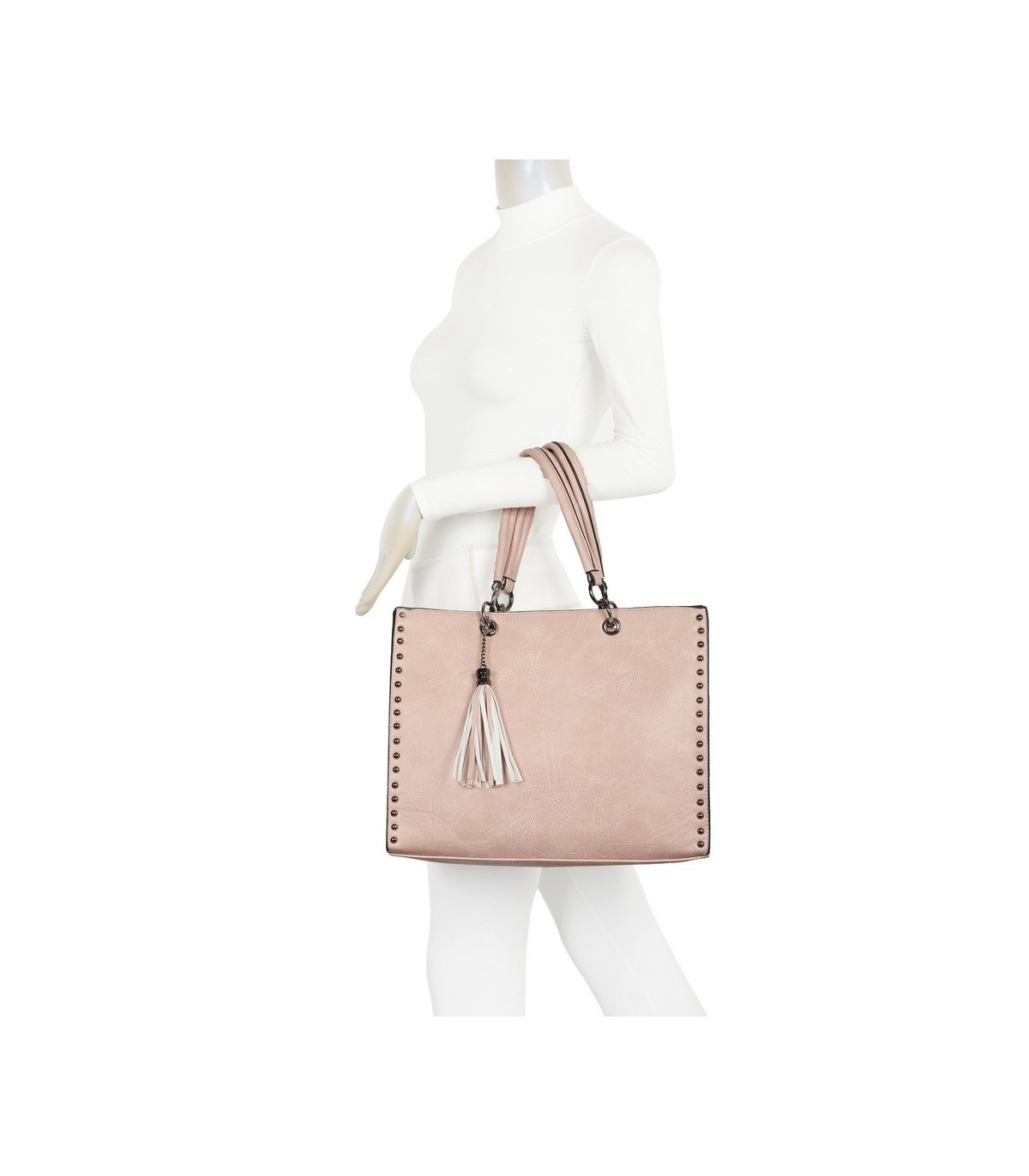 T11701 - Bolso con neceser y borla rectangular con acabados metálicos