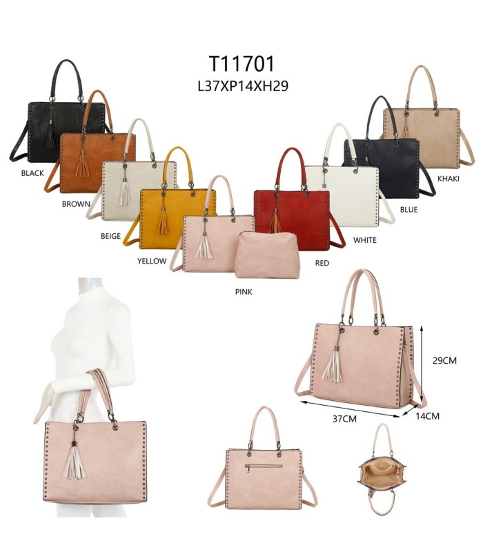 T11701 - Bolso con neceser y borla rectangular con acabados metálicos