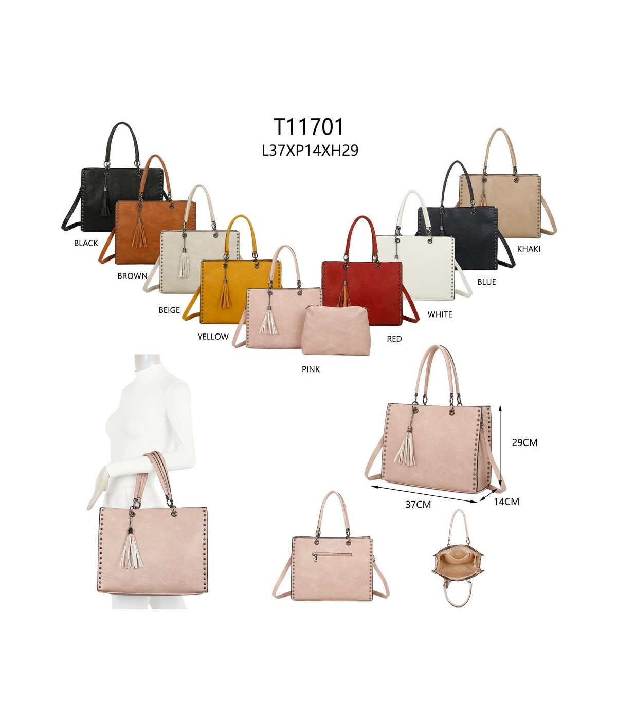 T11701 - Bolso con neceser y borla rectangular con acabados metálicos
