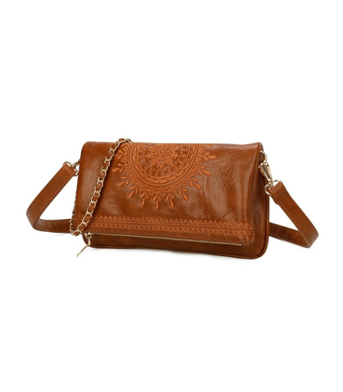 T11523 - Bolso con bordado de sol y bandolera trenzada de metal