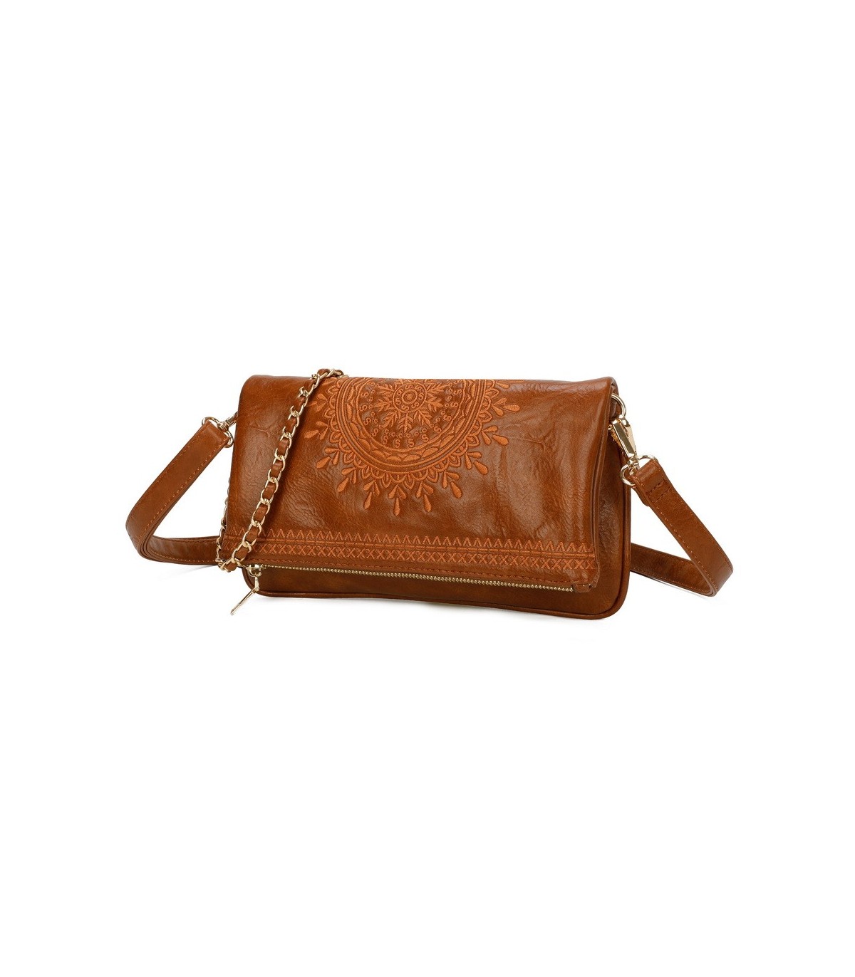 T11523 - Bolso con bordado de sol y bandolera trenzada de metal