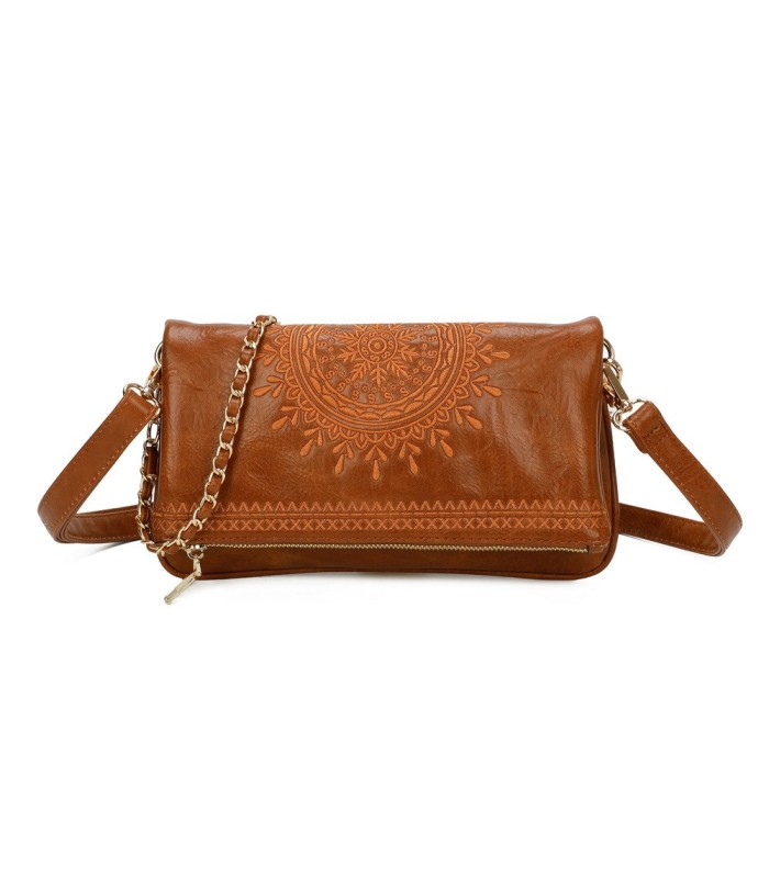 T11523 - Bolso con bordado de sol y bandolera trenzada de metal