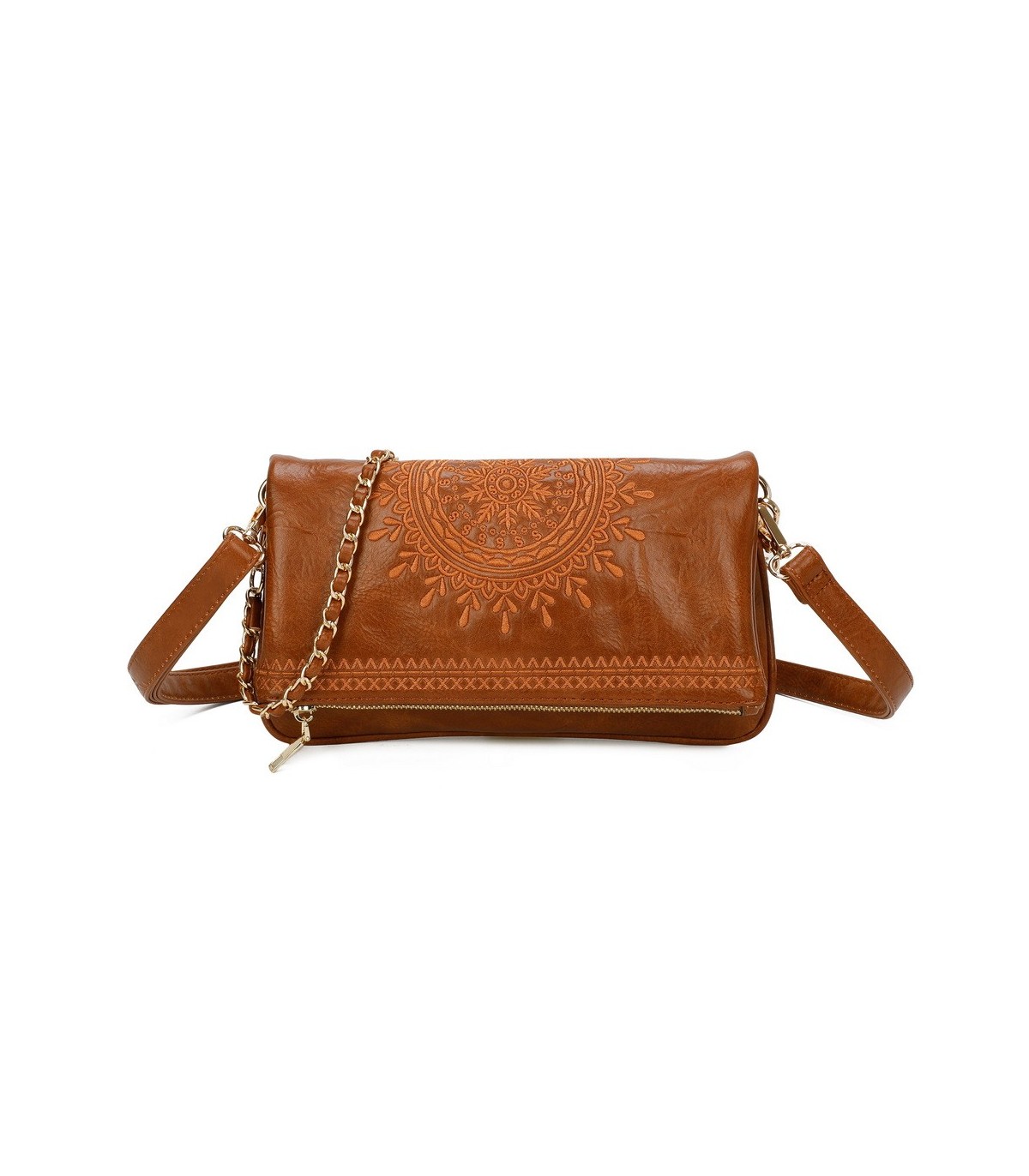T11523 - Bolso con bordado de sol y bandolera trenzada de metal