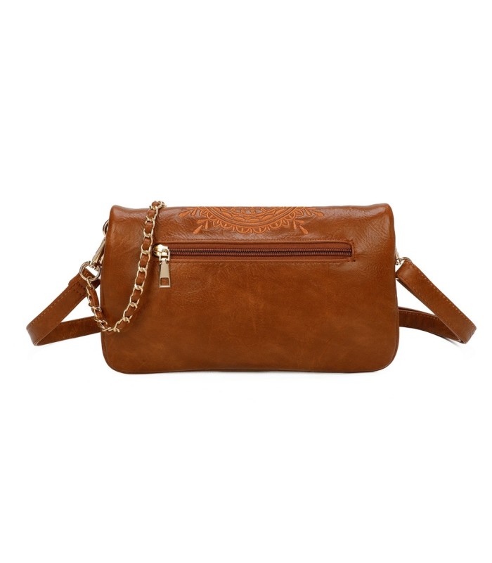 T11523 - Bolso con bordado de sol y bandolera trenzada de metal