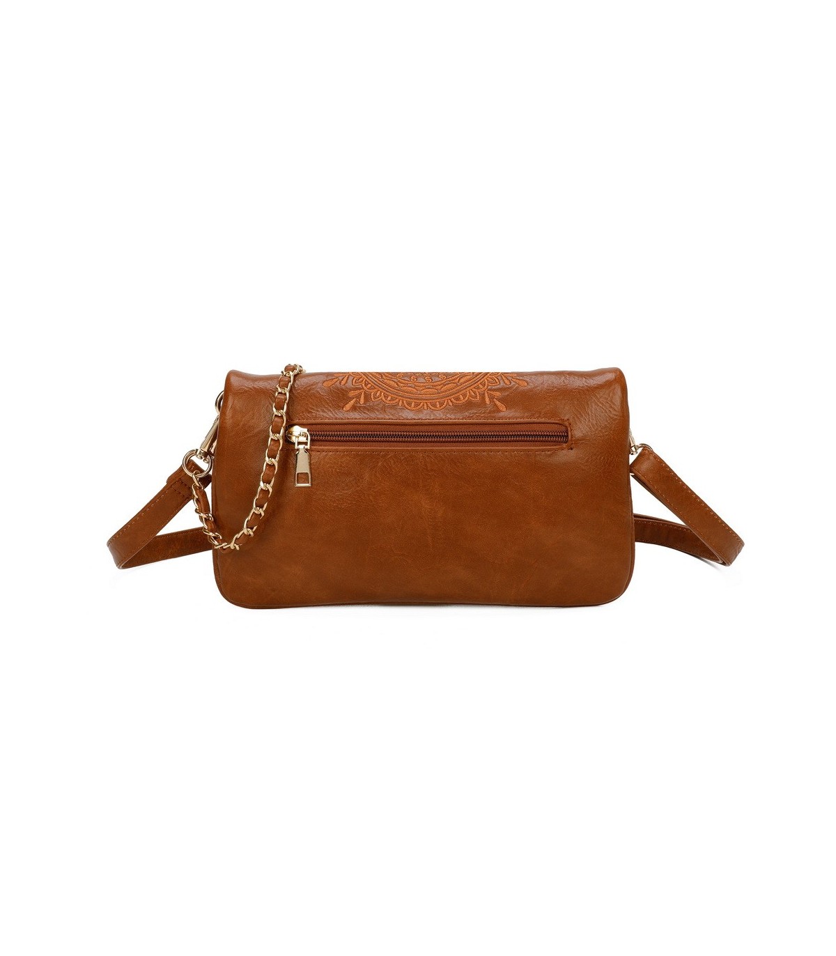 T11523 - Bolso con bordado de sol y bandolera trenzada de metal