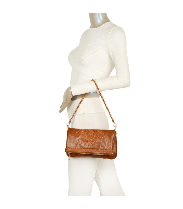 T11523 - Bolso con bordado de sol y bandolera trenzada de metal