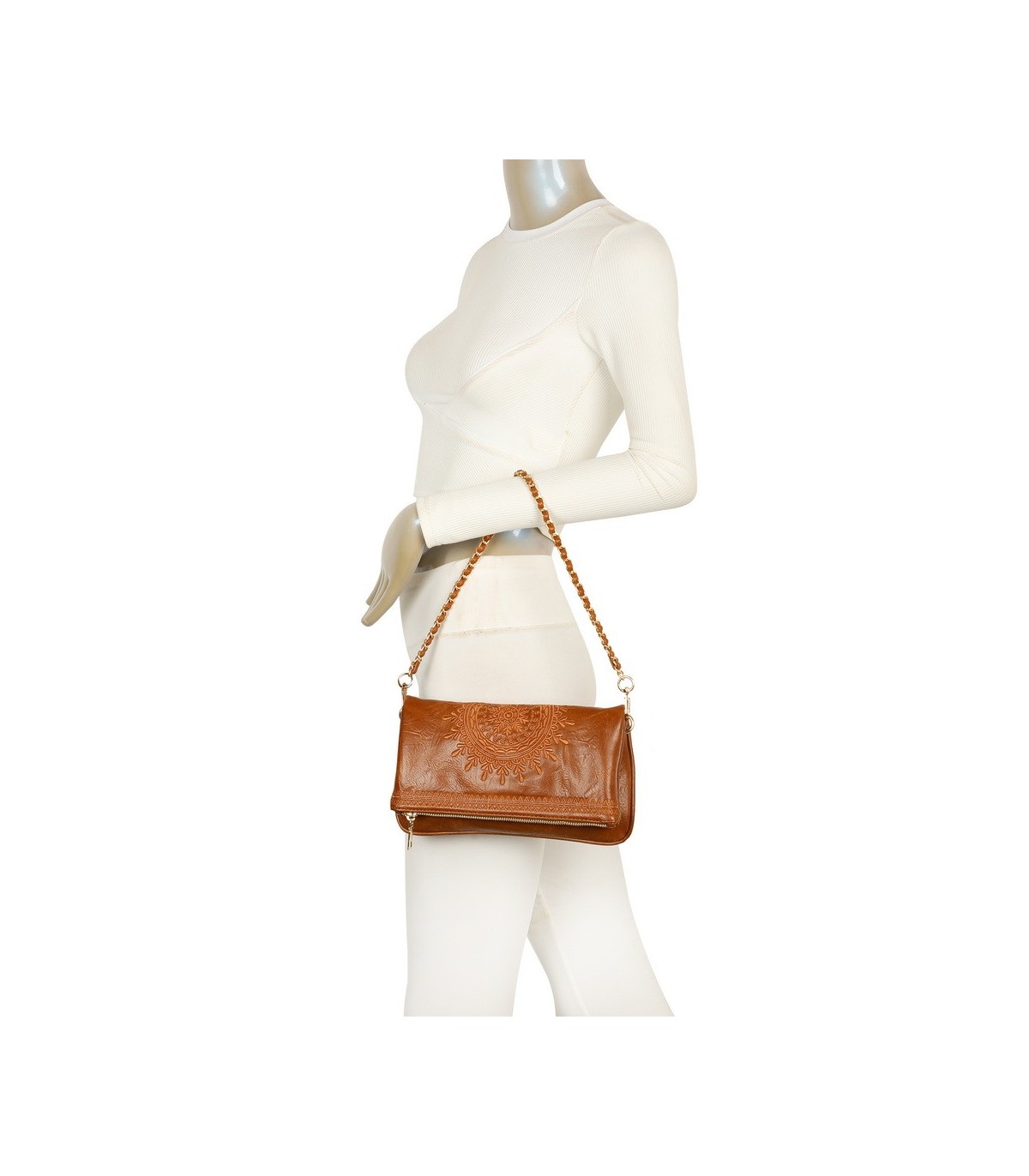 T11523 - Bolso con bordado de sol y bandolera trenzada de metal