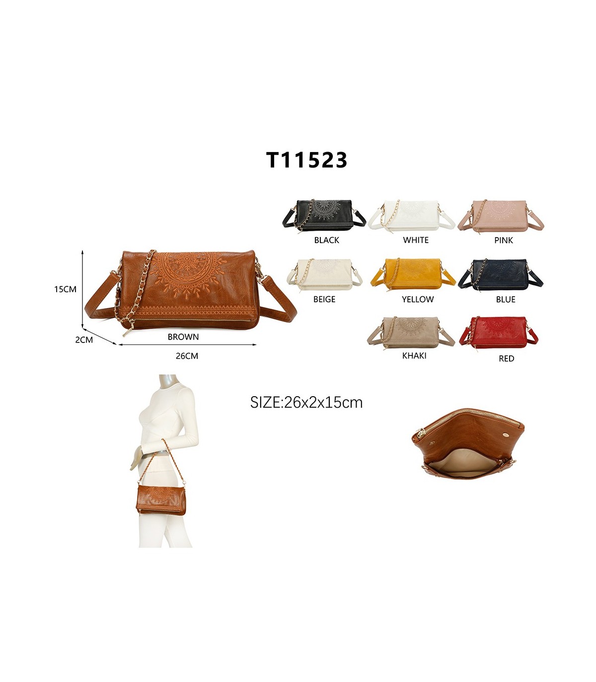 T11523 - Bolso con bordado de sol y bandolera trenzada de metal