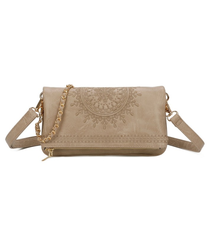 T11523 - Bolso con bordado de sol y bandolera trenzada de metal