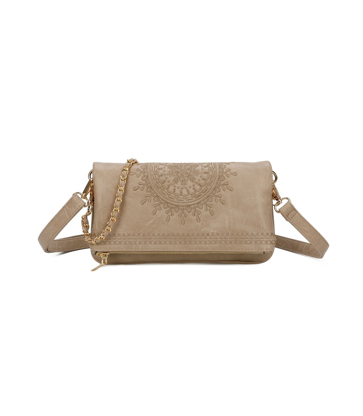 T11523 - Bolso con bordado de sol y bandolera trenzada de metal