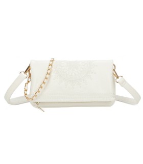 T11523 - Bolso con bordado de sol y bandolera trenzada de metal