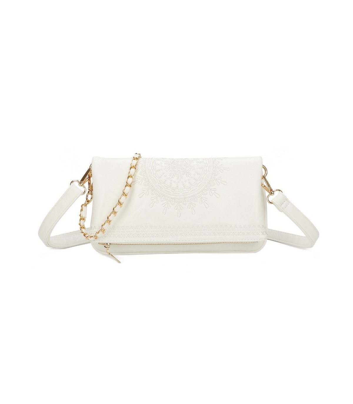 T11523 - Bolso con bordado de sol y bandolera trenzada de metal