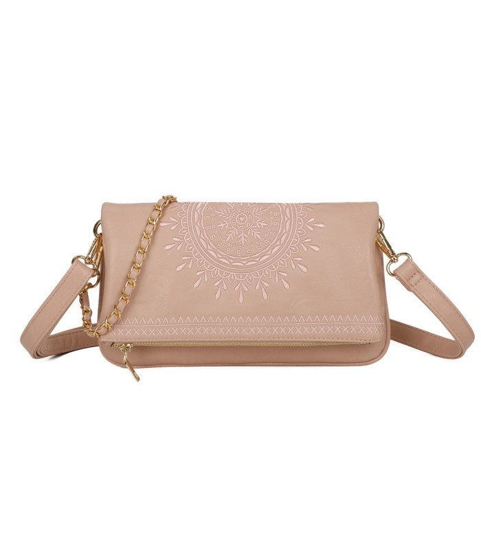 T11523 - Bolso con bordado de sol y bandolera trenzada de metal