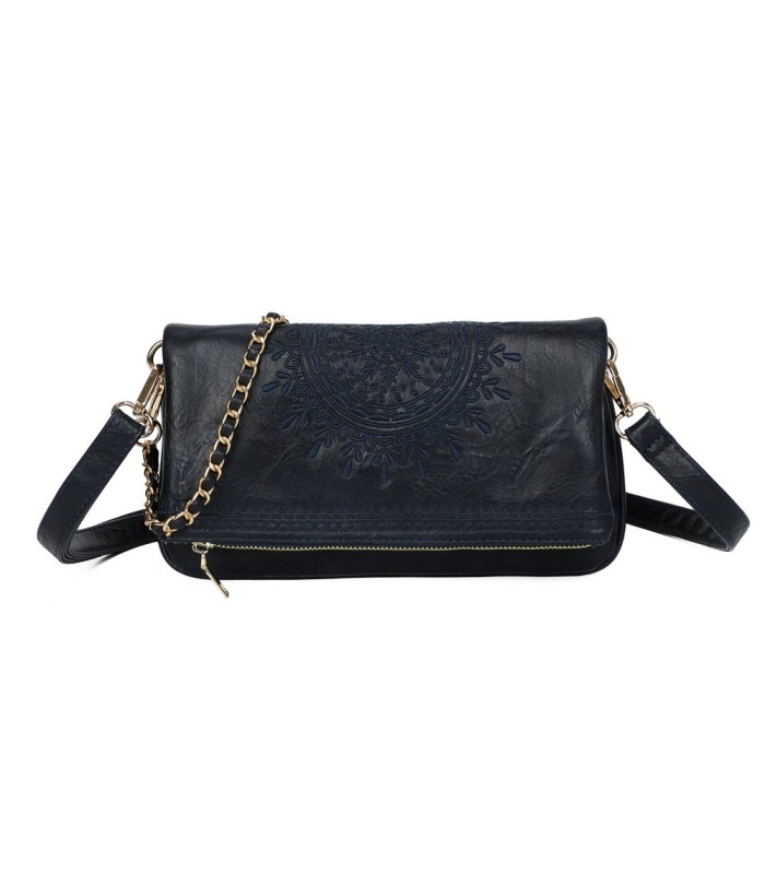 T11523 - Bolso con bordado de sol y bandolera trenzada de metal