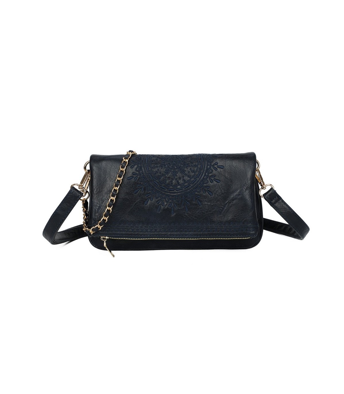 T11523 - Bolso con bordado de sol y bandolera trenzada de metal