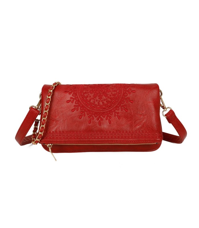T11523 - Bolso con bordado de sol y bandolera trenzada de metal