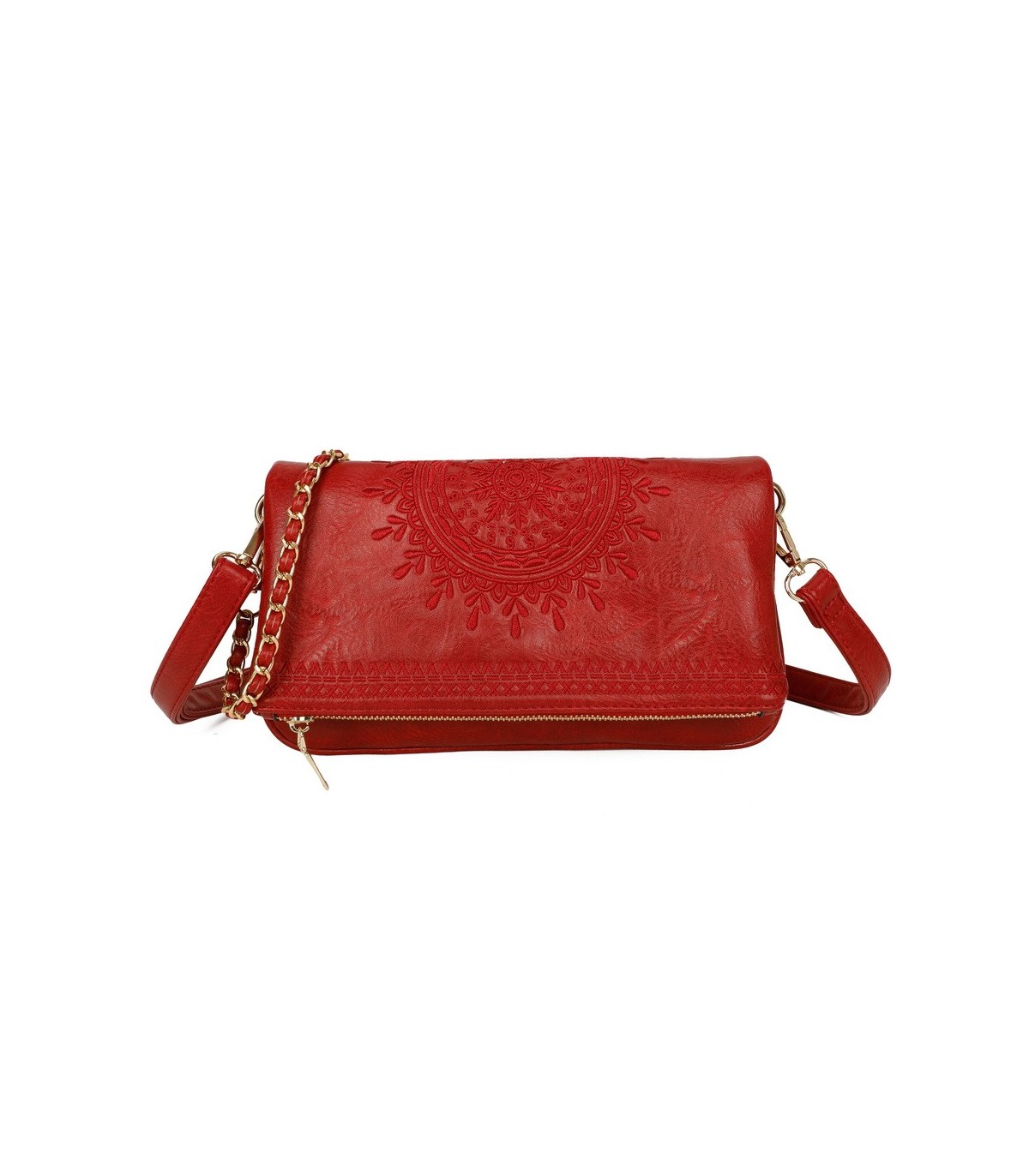 T11523 - Bolso con bordado de sol y bandolera trenzada de metal
