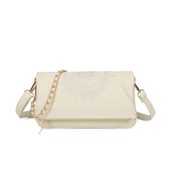 T11523 - Bolso con bordado de sol y bandolera trenzada de metal