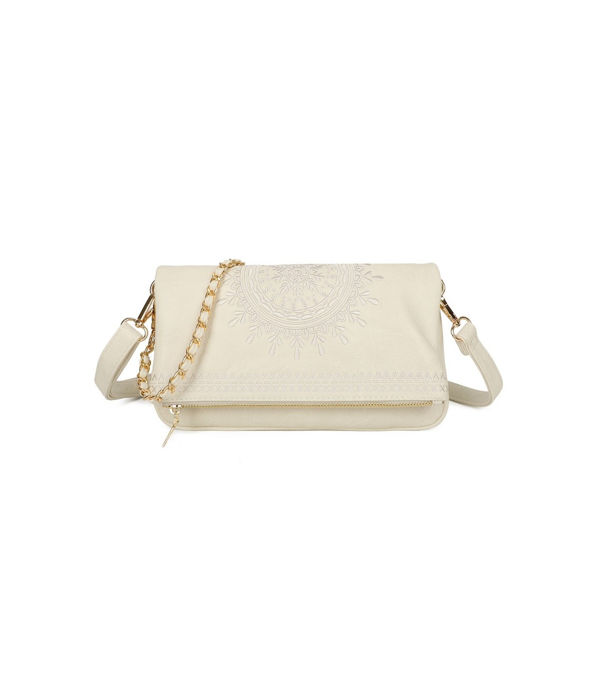 T11523 - Bolso con bordado de sol y bandolera trenzada de metal