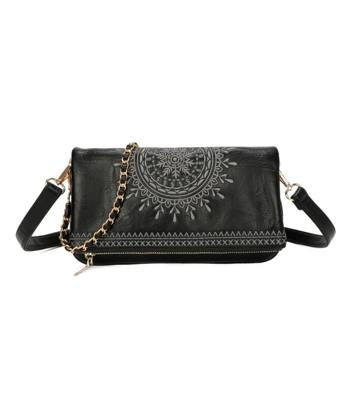 T11523 - Bolso con bordado de sol y bandolera trenzada de metal