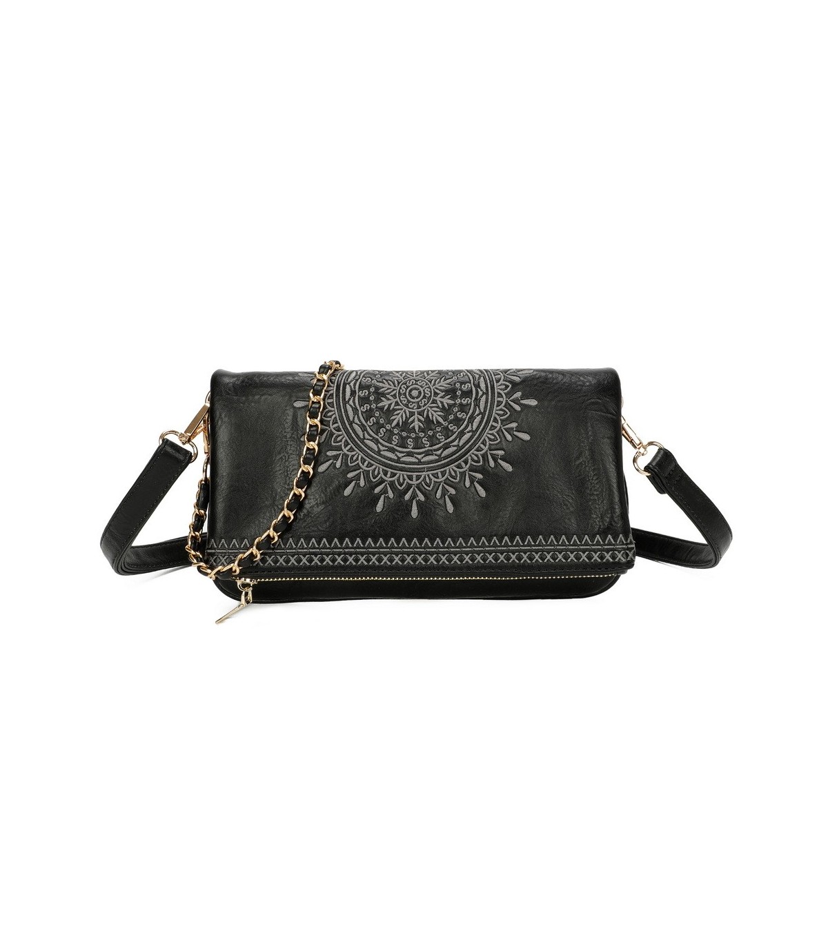 T11523 - Bolso con bordado de sol y bandolera trenzada de metal
