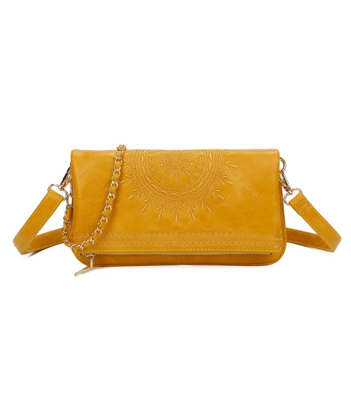 T11523 - Bolso con bordado de sol y bandolera trenzada de metal