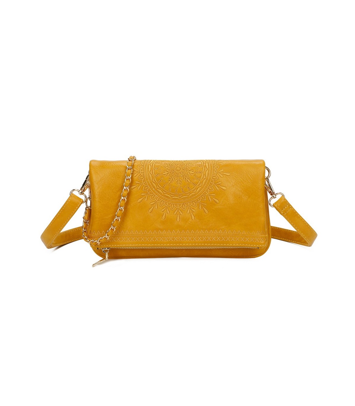 T11523 - Bolso con bordado de sol y bandolera trenzada de metal