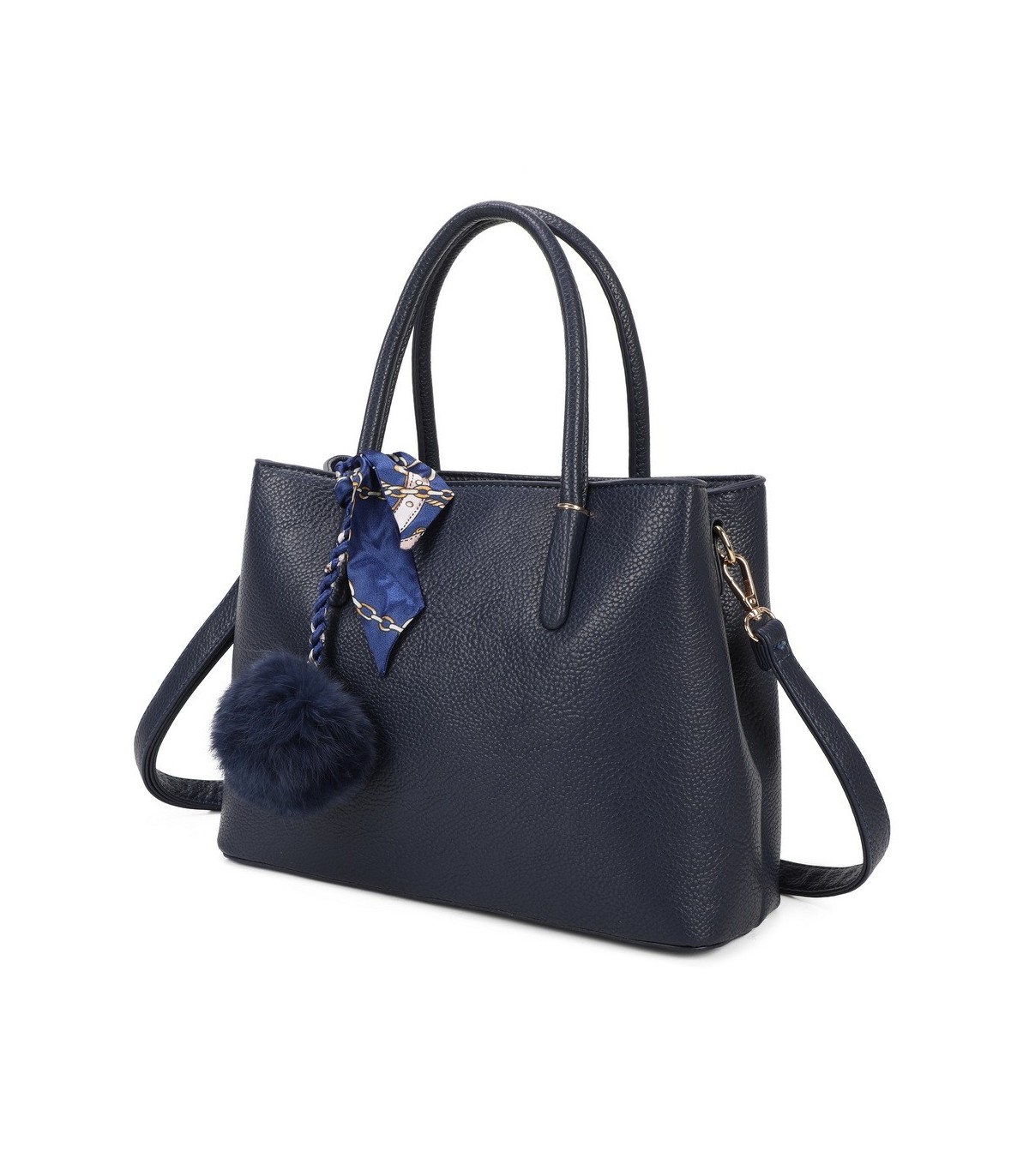 T11765 - Bolso de mano con pompón y pañuelo del mismo color