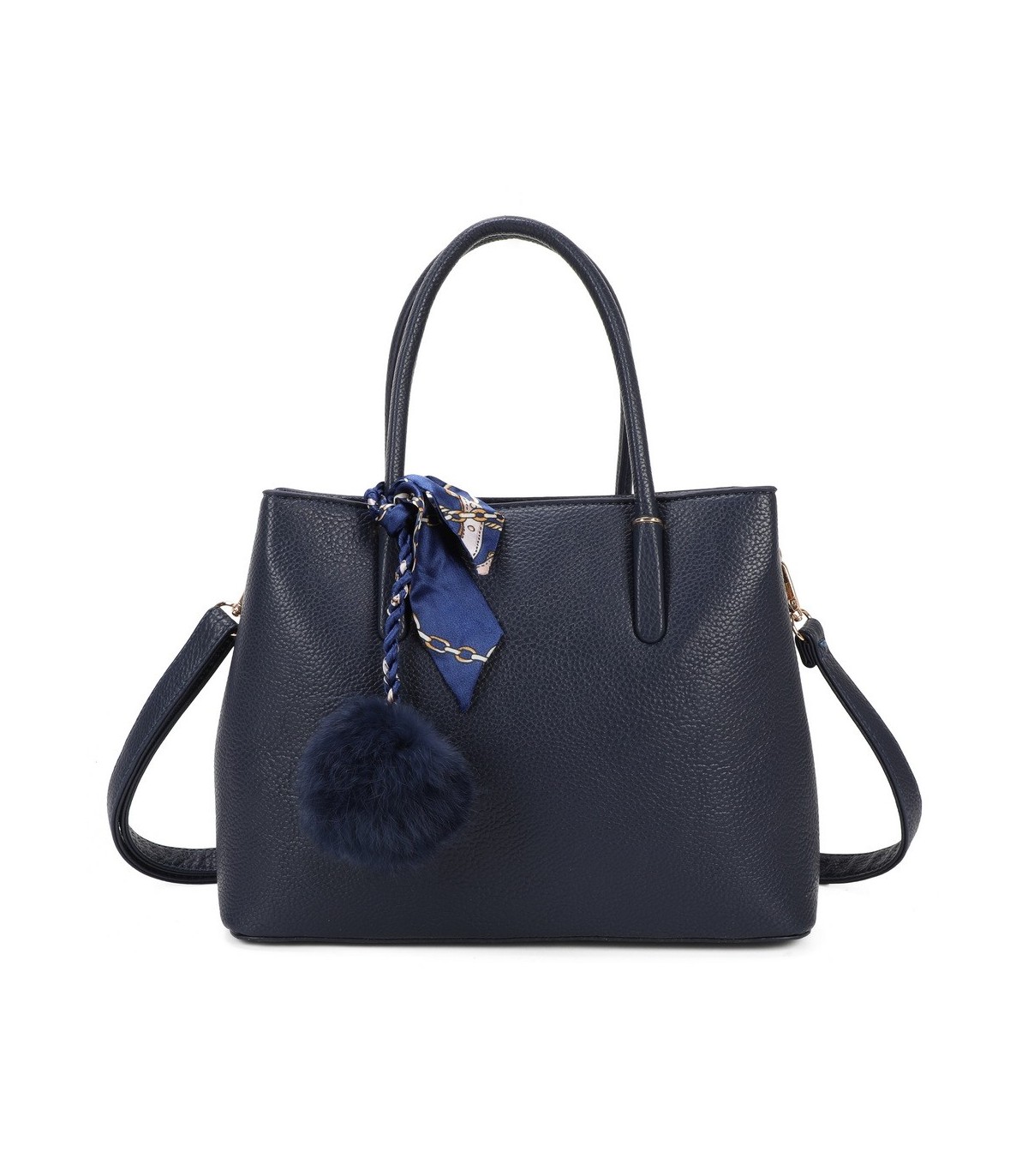 T11765 - Bolso de mano con pompón y pañuelo del mismo color