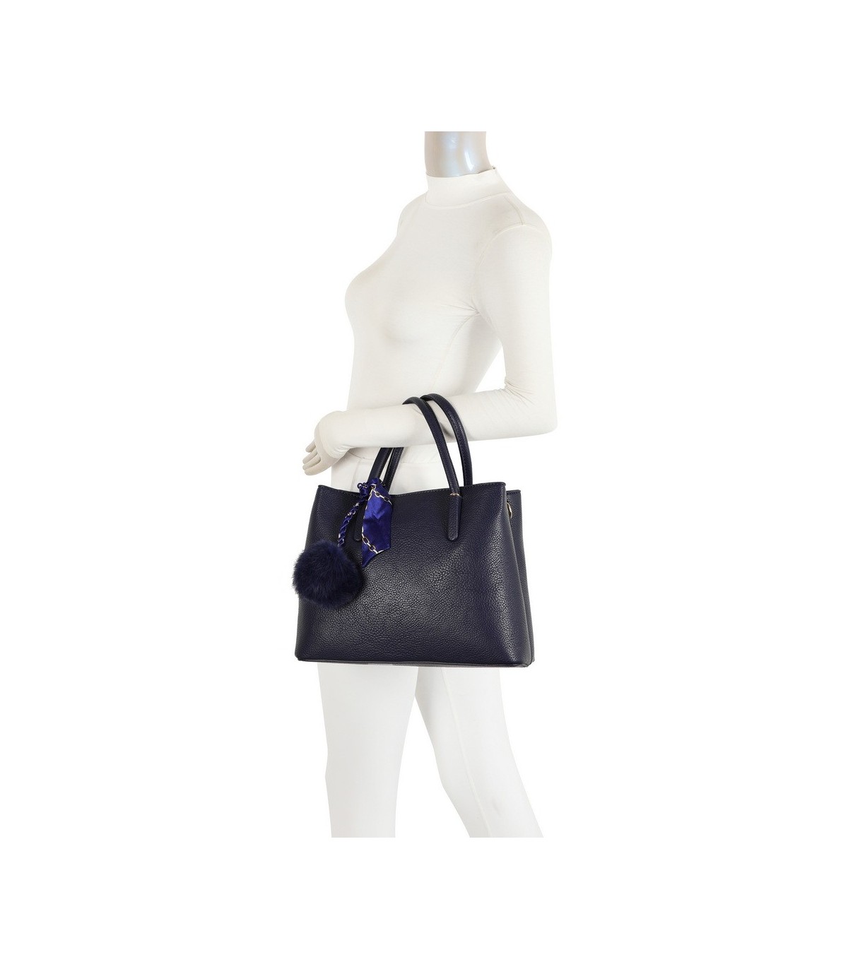 T11765 - Bolso de mano con pompón y pañuelo del mismo color