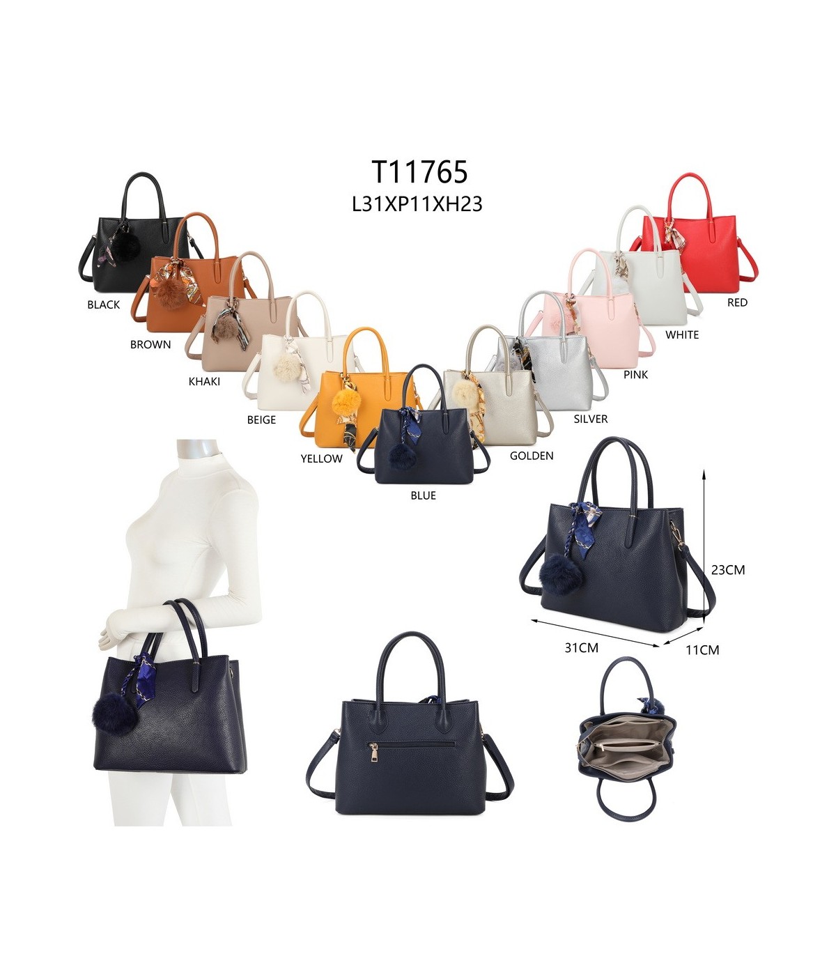 T11765 - Bolso de mano con pompón y pañuelo del mismo color