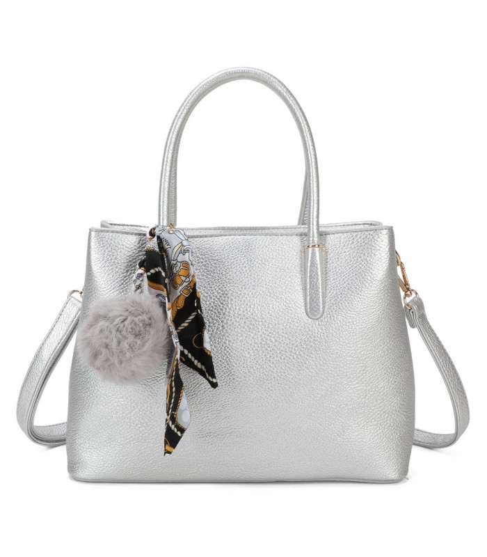 T11765 - Bolso de mano con pompón y pañuelo del mismo color