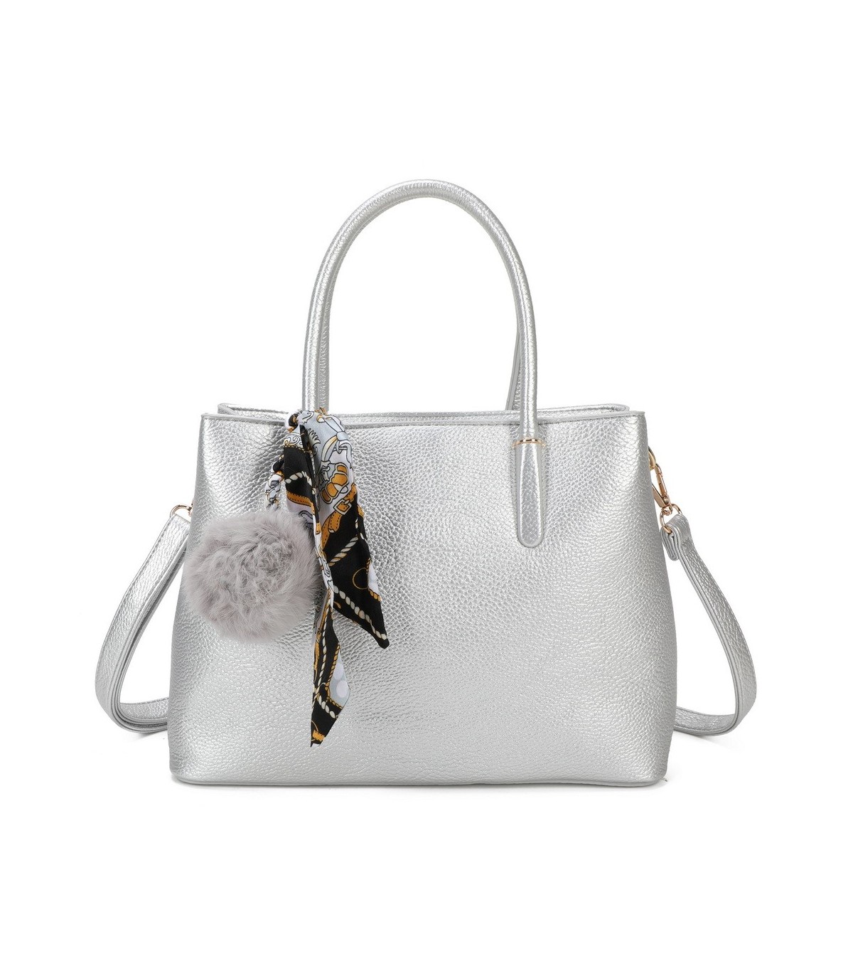 T11765 - Bolso de mano con pompón y pañuelo del mismo color