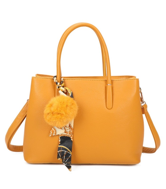 T11765 - Bolso de mano con pompón y pañuelo del mismo color