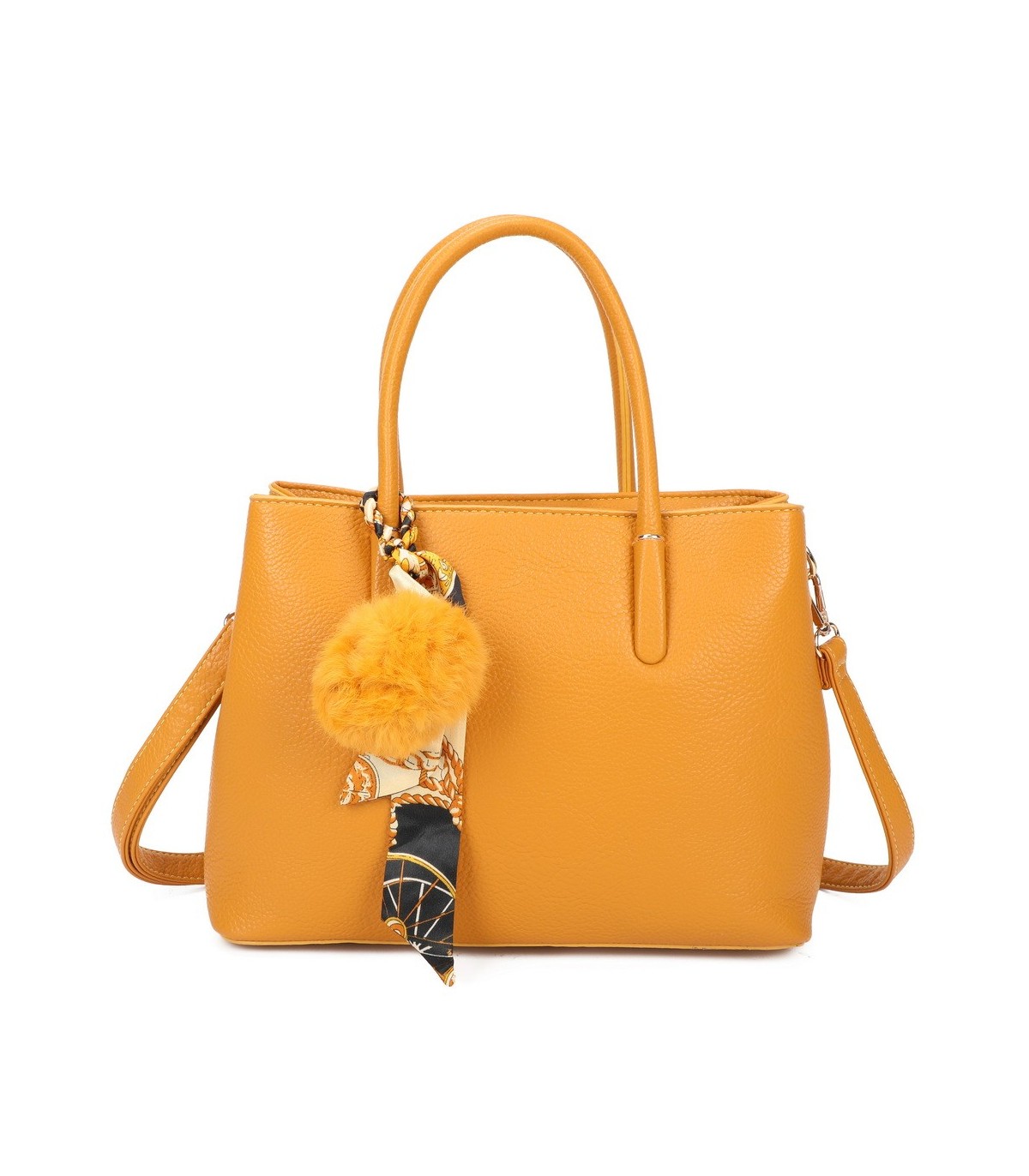 T11765 - Bolso de mano con pompón y pañuelo del mismo color