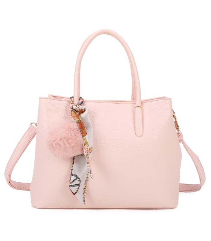 T11765 - Bolso de mano con pompón y pañuelo del mismo color