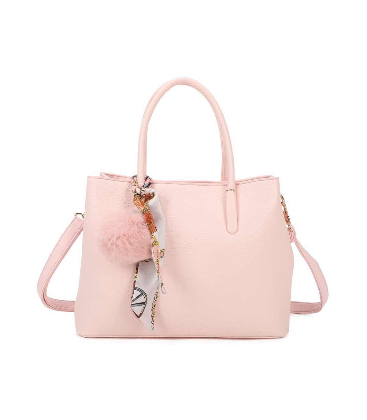 T11765 - Bolso de mano con pompón y pañuelo del mismo color