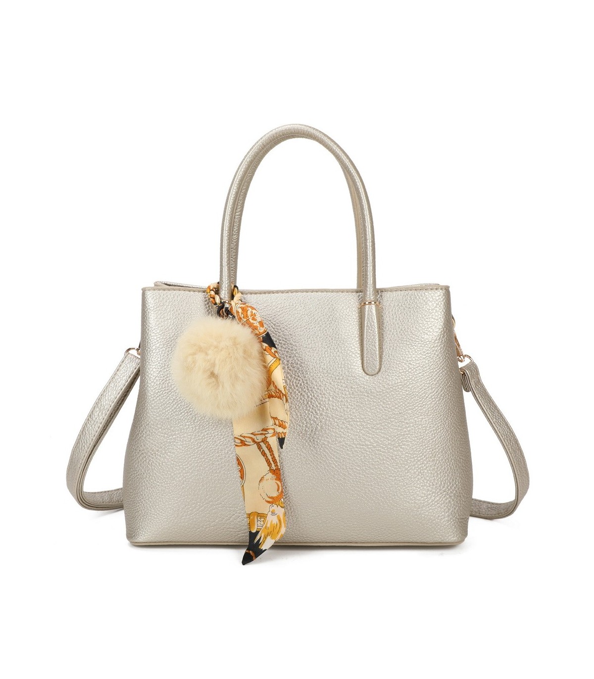 T11765 - Bolso de mano con pompón y pañuelo del mismo color