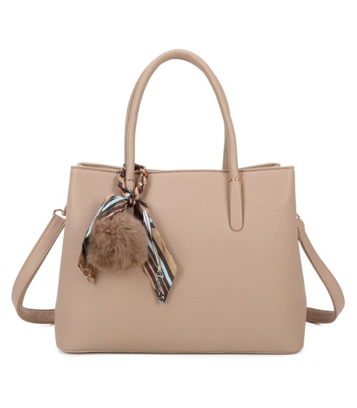 T11765 - Bolso de mano con pompón y pañuelo del mismo color