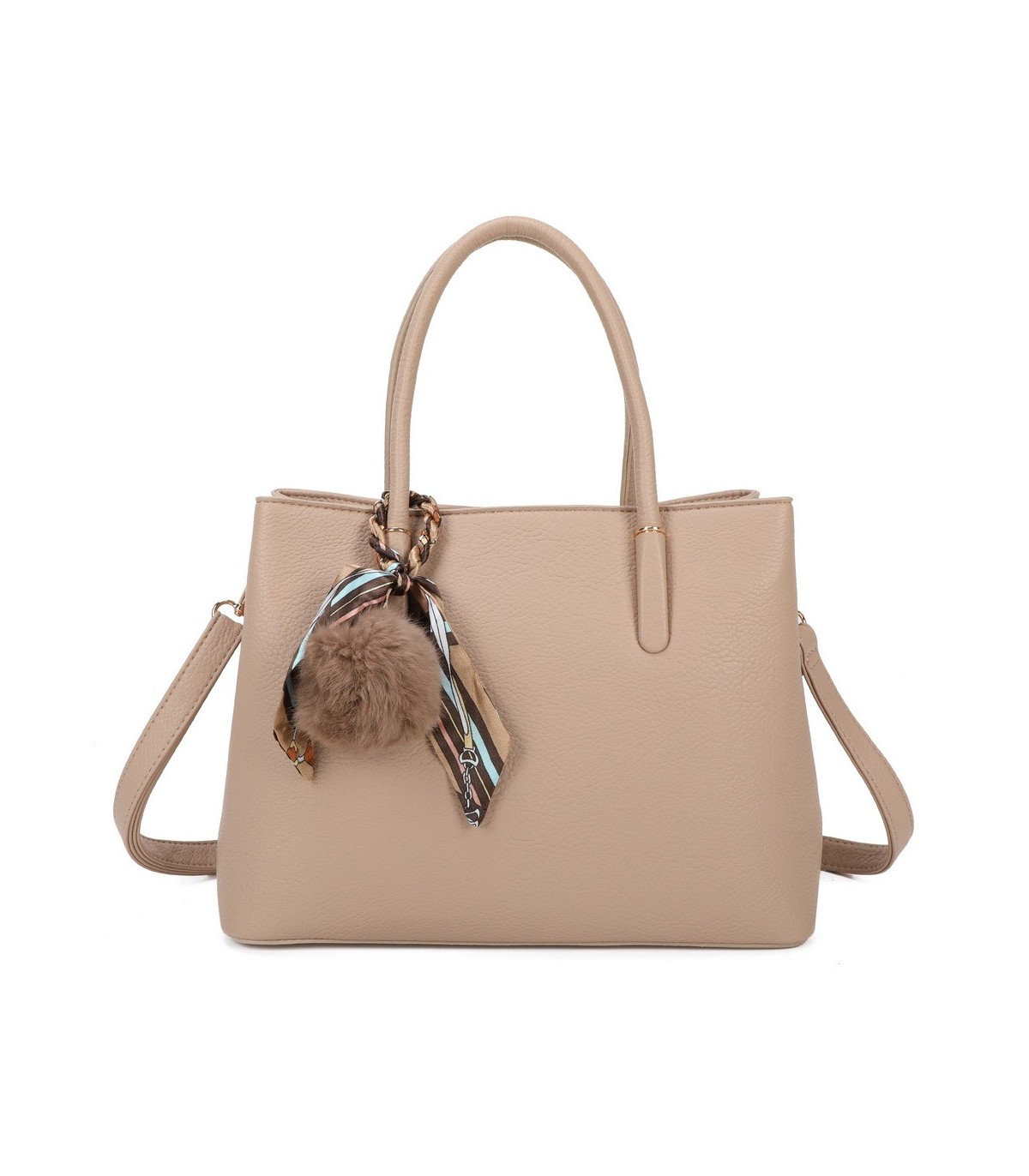 T11765 - Bolso de mano con pompón y pañuelo del mismo color