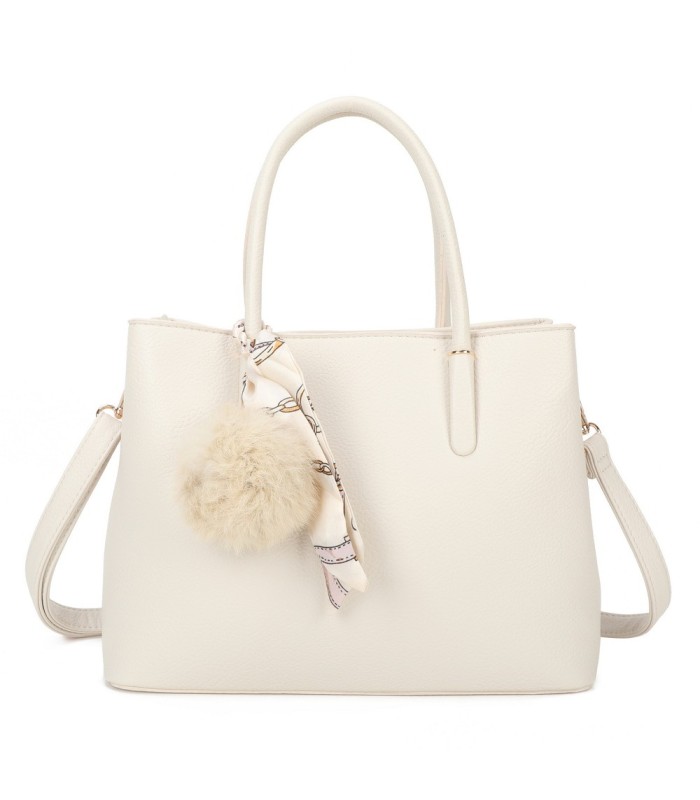 T11765 - Bolso de mano con pompón y pañuelo del mismo color