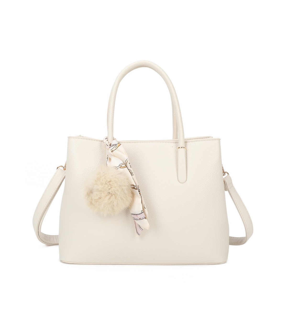 T11765 - Bolso de mano con pompón y pañuelo del mismo color