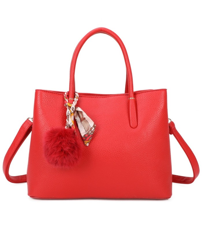 T11765 - Bolso de mano con pompón y pañuelo del mismo color